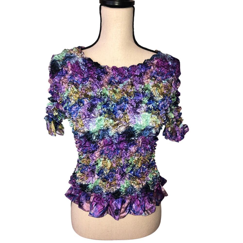 Silky Popcorn Top Pucker Purple Multi Color OS Crinkle Short Sleeve Y2K